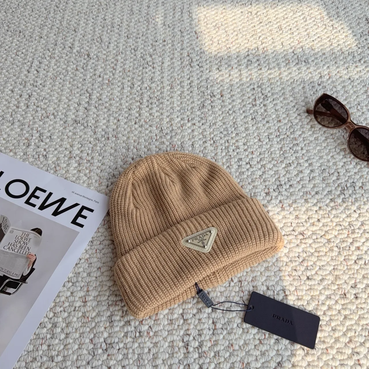 Prada Ribbed Beanie in Beige · view 7