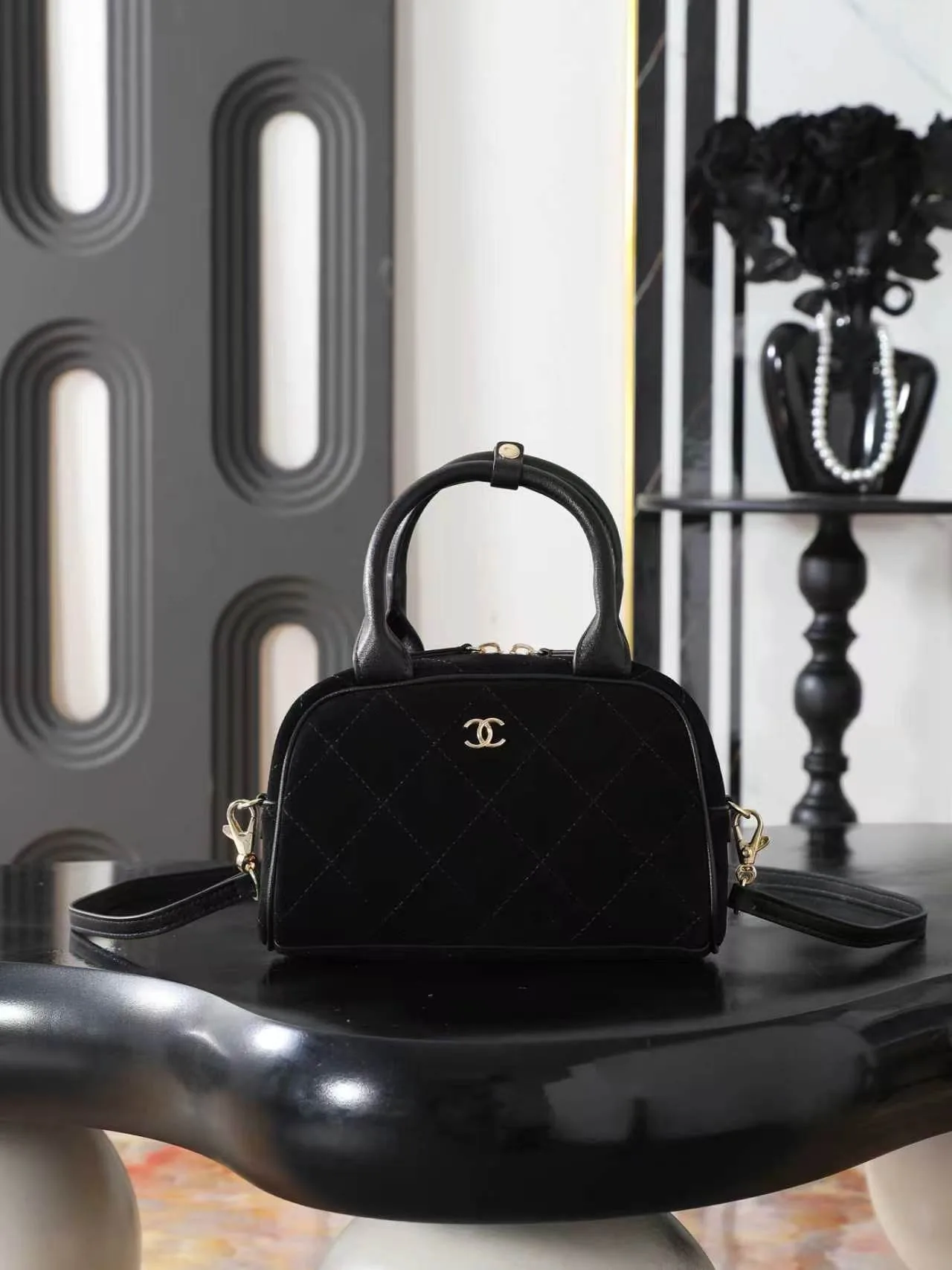 Chanel Quilted Glossy Crossbody Bag in Black · view 1