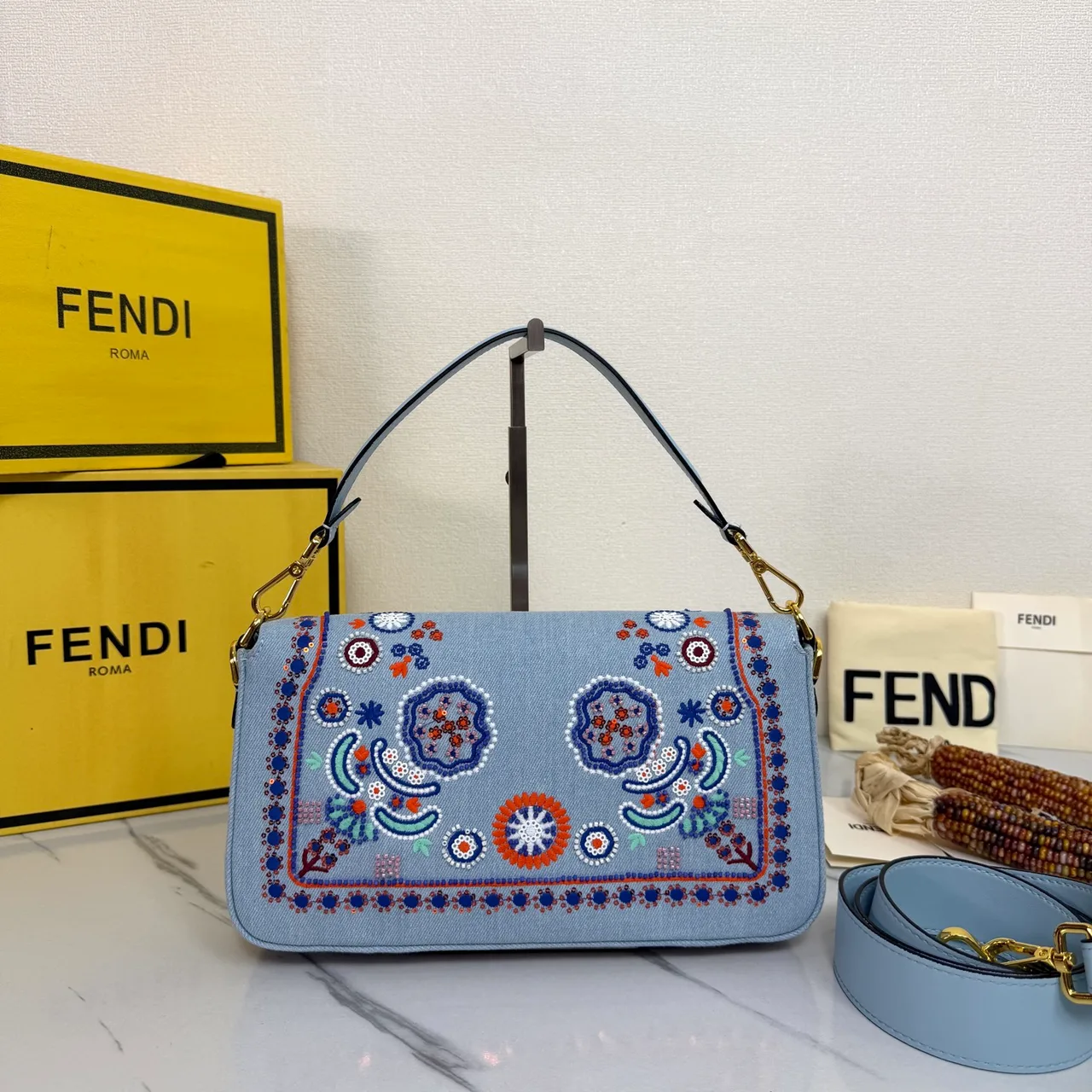 Fendi Baguette Embroidered Floral Flap Shoulder Bag in Blue · view 3