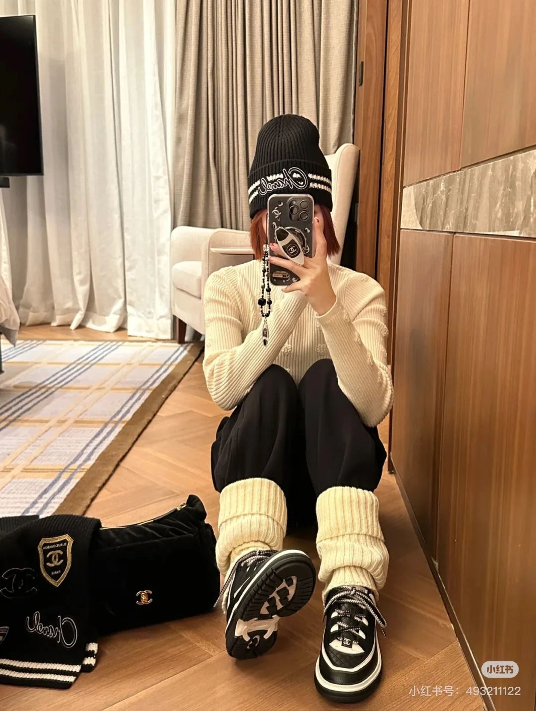 Chanel Ribbed Striped Beanie in Blue · view 2