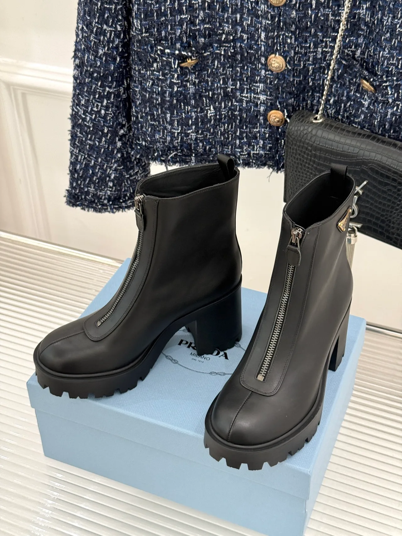 Prada Denim Glossy Front-zip ankle boots in Black · view 2