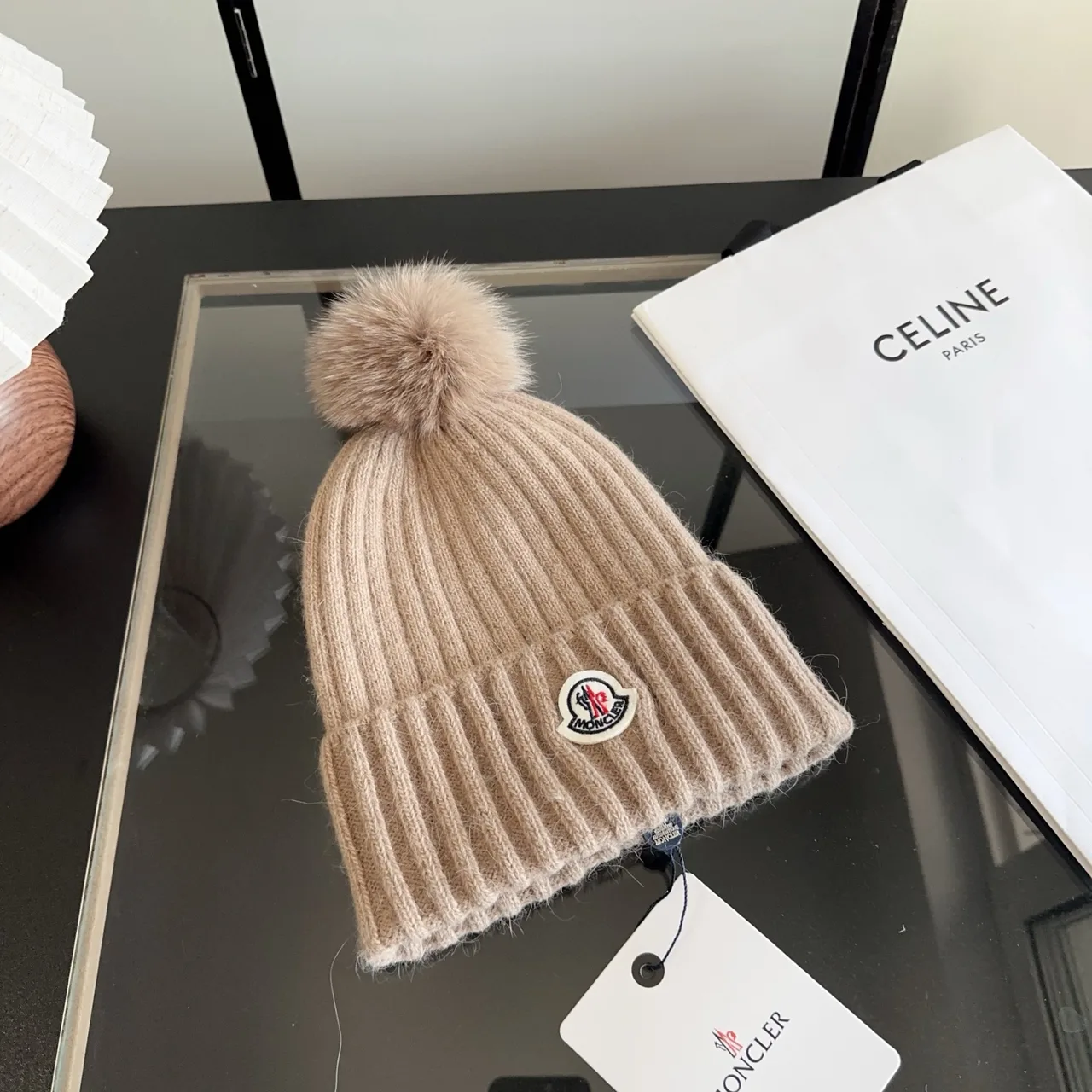 Moncler Ribbed Beanie in Beige · view 1
